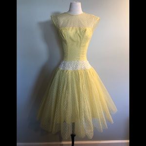 Vintage 1950s yellow dotted tulle party dress